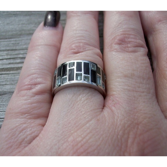 STAINLESS STEEL Sea Blue CZ Art Deco Band Ring - Picture 5 of 16